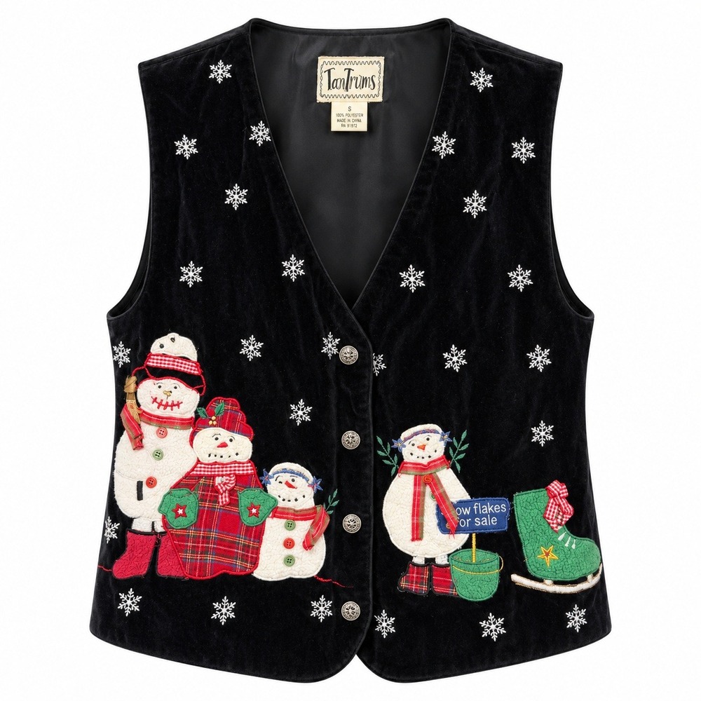Vintage Whimsical Wintercore Snowman Velvet Vest Womens Medium Coquette Holiday